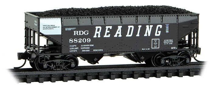 33′ 2-Bay Offset-Side Hopper - Ready to Run -- Reading 88209 (Class HTx, black, white end, ACI Label), N, Micro Trains Line 55