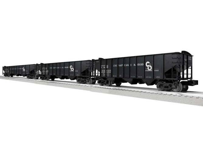 3-Bay Hopper Peaked Ends 3-Pack - Scale 3-Rail - Ready to Run -- Chesapeake & Ohio 101819, 101265, 101010 (black, white, Progres
