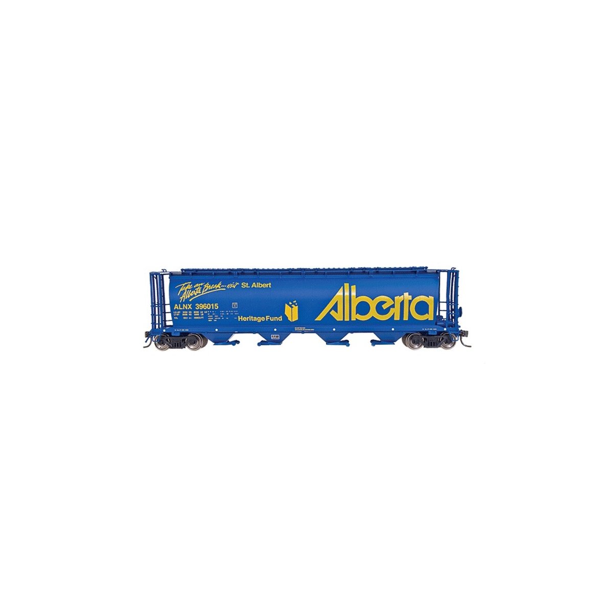 59` 4-Bay Cylindrical Covered Hopper - Trough Hatch Version - Ready to Run -- Alberta ALNX (Blue w/yellow Lettering, `Take An Al