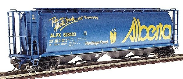 59` 4-Bay Cylindrical Covered Hopper - Trough Hatch Version - Ready to Run -- Alberta ALPX (Blue w/yellow Lettering, `Take An Al