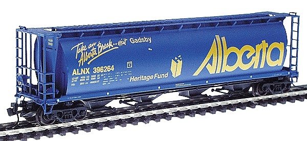 59` 4-Bay Cylindrical Covered Hopper - Trough Hatch Version - Ready to Run -- Alberta ALNX (Blue w/yellow Lettering, `Take An Al