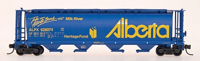 59` 4-Bay Cylindrical Covered Hopper - Trough Hatch Version - Ready to Run -- Alberta ALPX (Blue w/yellow Lettering, `Take An Al