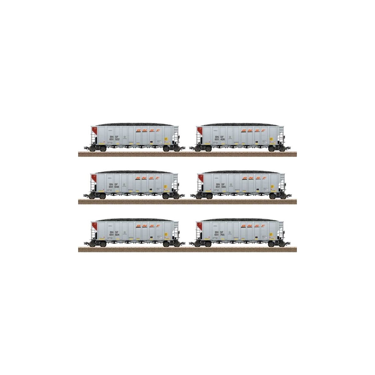 Coal Hopper 6-Pack w/Loads - Ready to Run -- BNSF Railway (2020s Scheme, silver, brown, orange, black, Wedge Logo), HO, Trix 249