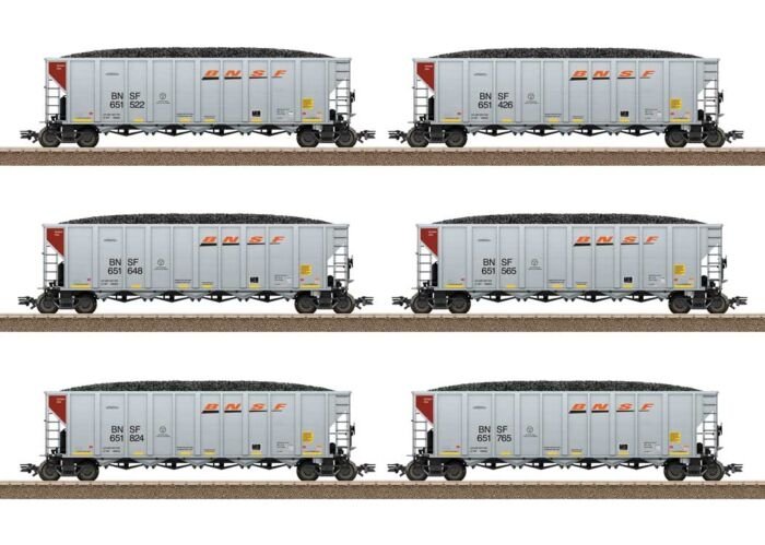 Coal Hopper 6-Pack w/Loads - Ready to Run -- BNSF Railway (2020s Scheme, silver, brown, orange, black, Wedge Logo), HO, Trix 249