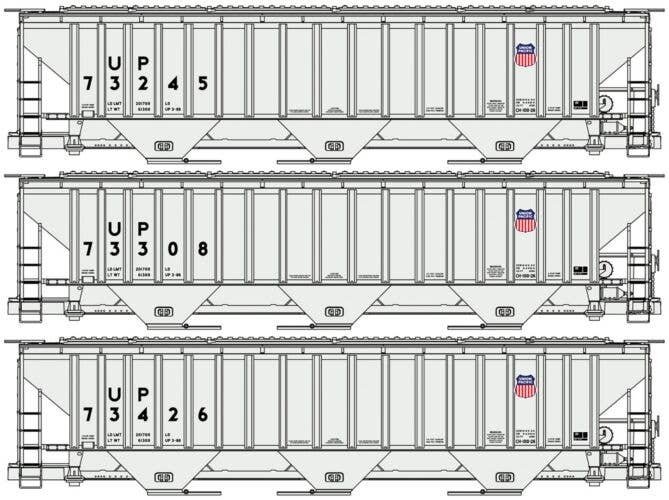 Pullman-Standard 4750 3-Bay Covered Hopper 3-Pack - Kit -- Union Pacific 73245, 73308, 73426 (light gray, small shield logo), HO