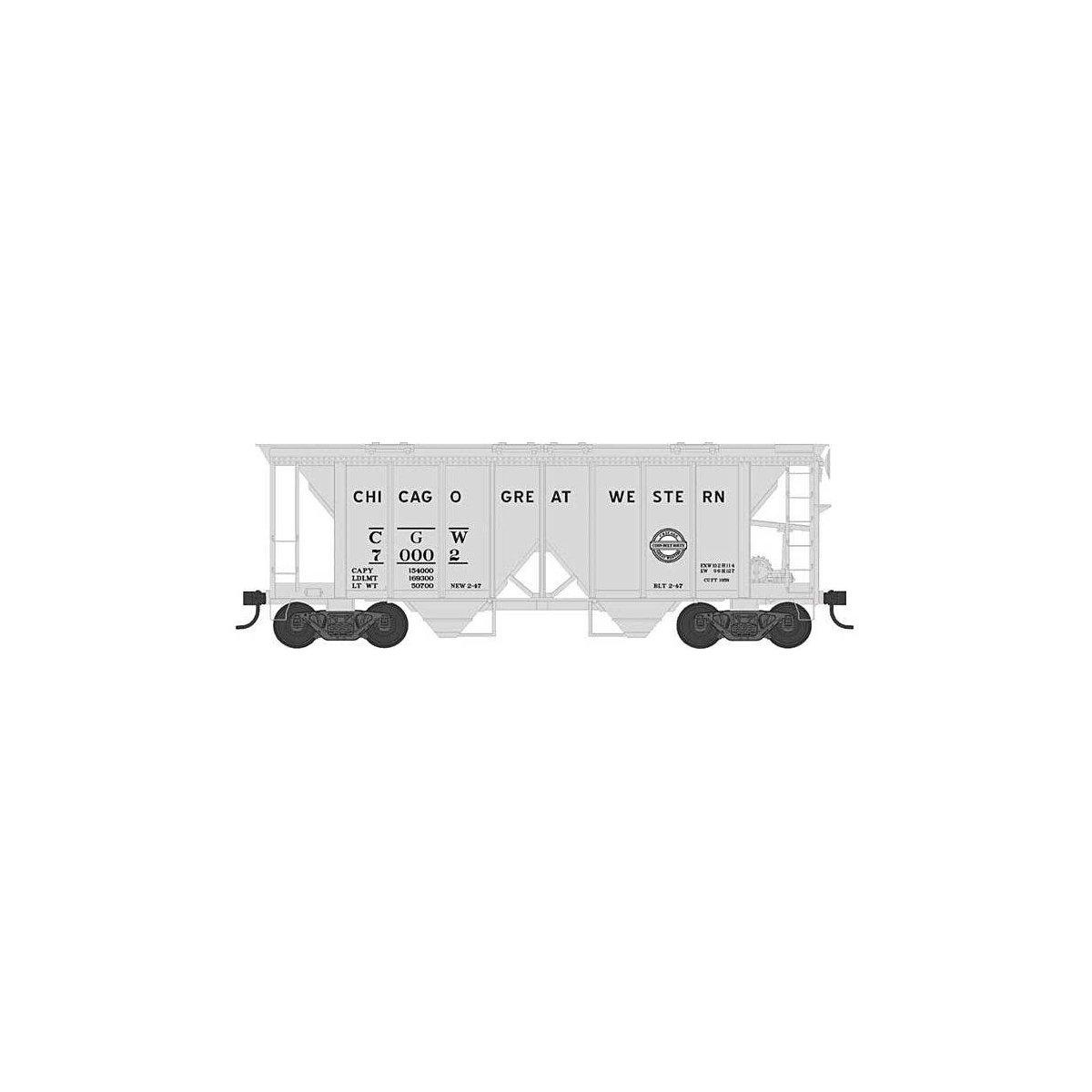 70-Ton 2-Bay Covered Hopper w/Open Sides - Ready to Run -- Chicago Great Western 70002 (gray, black, Corn Belt Logo), HO, Bowser