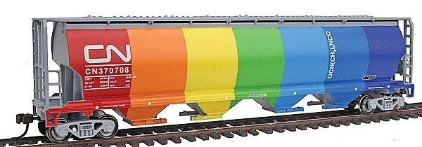 Canadian Cylindrical 4-Bay Grain Hopper - Ready to Run - Silver Series(R) -- Canadian National (Demonstrator Rainbow Colors on S