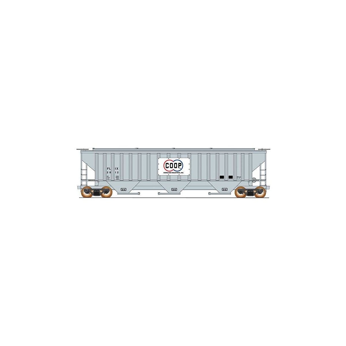 Trinity Rib-Side Covered Hopper - Ready to Run -- Farmland Industries COOP FLIX (gray, white, blue, red), HO, Intermountain Rail