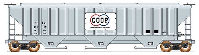 Trinity Rib-Side Covered Hopper - Ready to Run -- Farmland Industries COOP FLIX (gray, white, blue, red), HO, Intermountain Rail