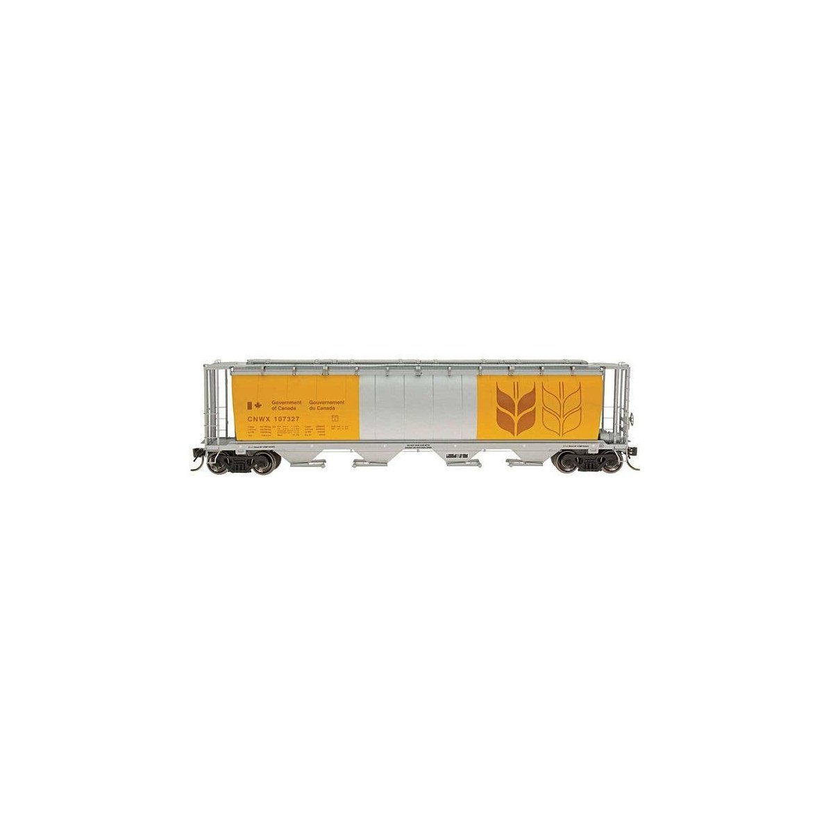 59′ 4-Bay Cylindrical Covered Hopper - Trough Hatch Version - Ready to Run -- Government of Canada CNWX (Silver w/Bright Yello