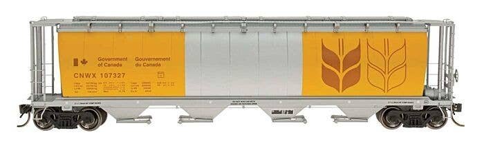 59′ 4-Bay Cylindrical Covered Hopper - Trough Hatch Version - Ready to Run -- Government of Canada CNWX (Silver w/Bright Yello