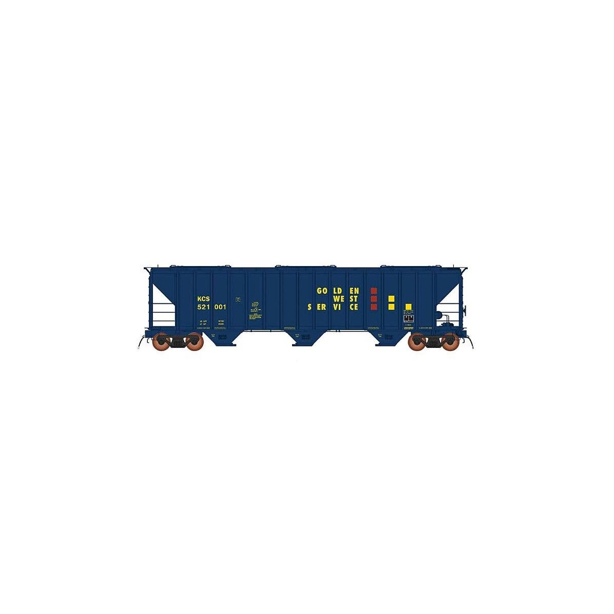 4797 PS2-CD Covered Hopper Class H-100-21 Version - Ready to Run -- Golden West KCS (blue, yellow, red), HO, Intermountain Railw