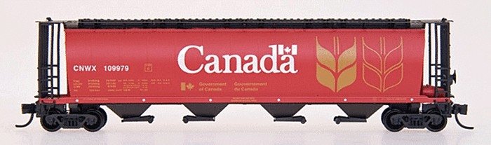 59′ 4-Bay Cylindrical Covered Hopper - Trough Hatch Version - Ready to Run -- Government of Canada CNWX (red, yellow, black, w