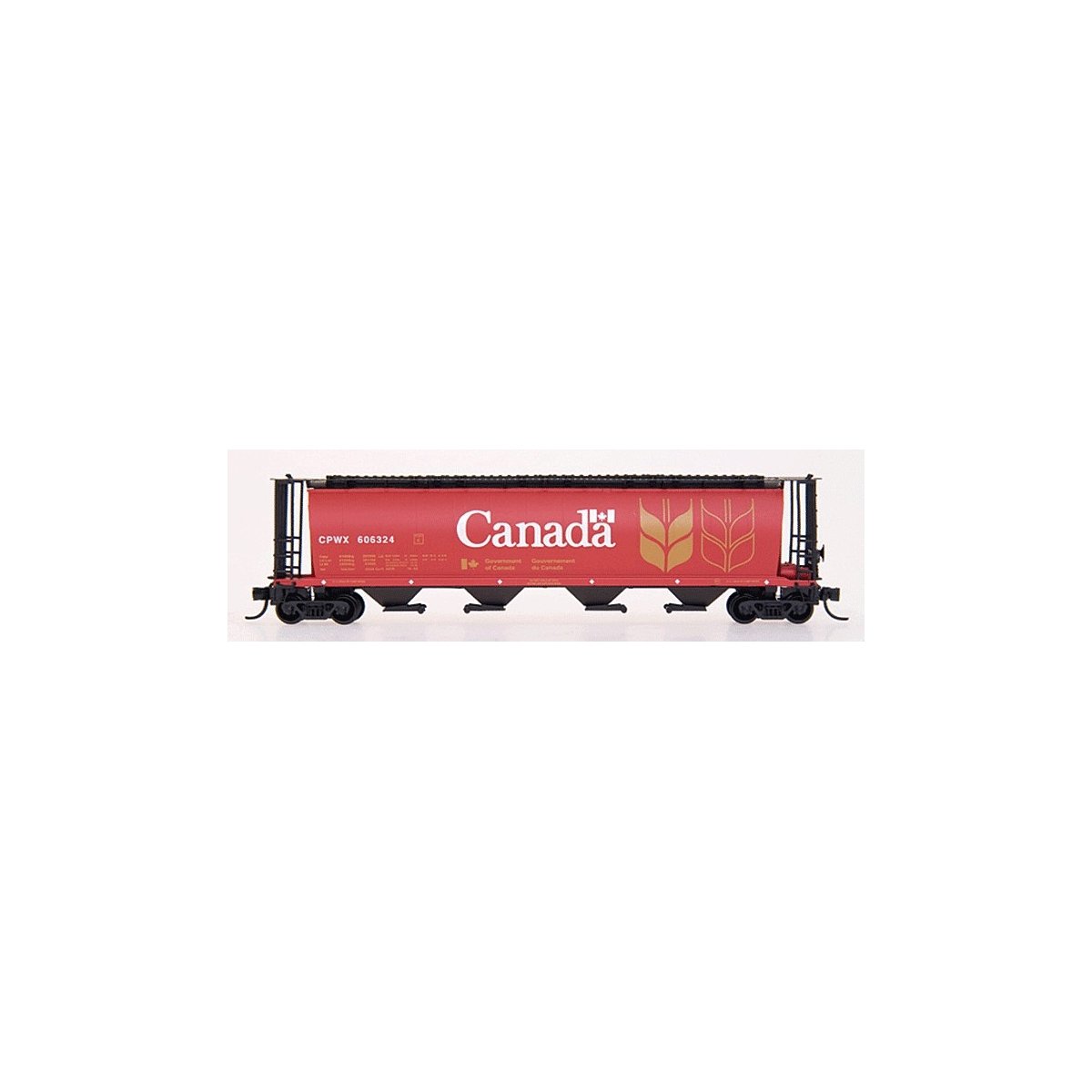 59′ 4-Bay Cylindrical Covered Hopper - Trough Hatch Version - Ready to Run -- Government of Canada CPWX (red, yellow, black, w