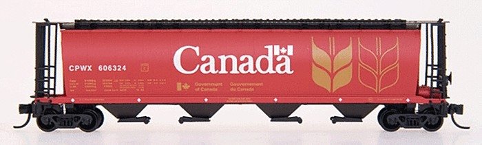 59′ 4-Bay Cylindrical Covered Hopper - Trough Hatch Version - Ready to Run -- Government of Canada CPWX (red, yellow, black, w