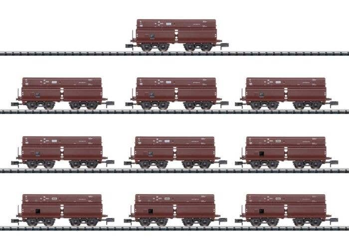 Type Erz IId Hopper with Ore Load 10-Pack - Ready to Run - Minitrix -- German Federal Railroad DB (Era II, Boxcar Red), N, Trix 