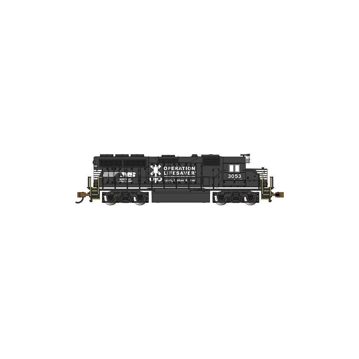EMD GP40 - Standard DC -- Norfolk Southern 3053 (black, white `Operation Lifesaver` Scheme), N, Bachmann Industries 63565
