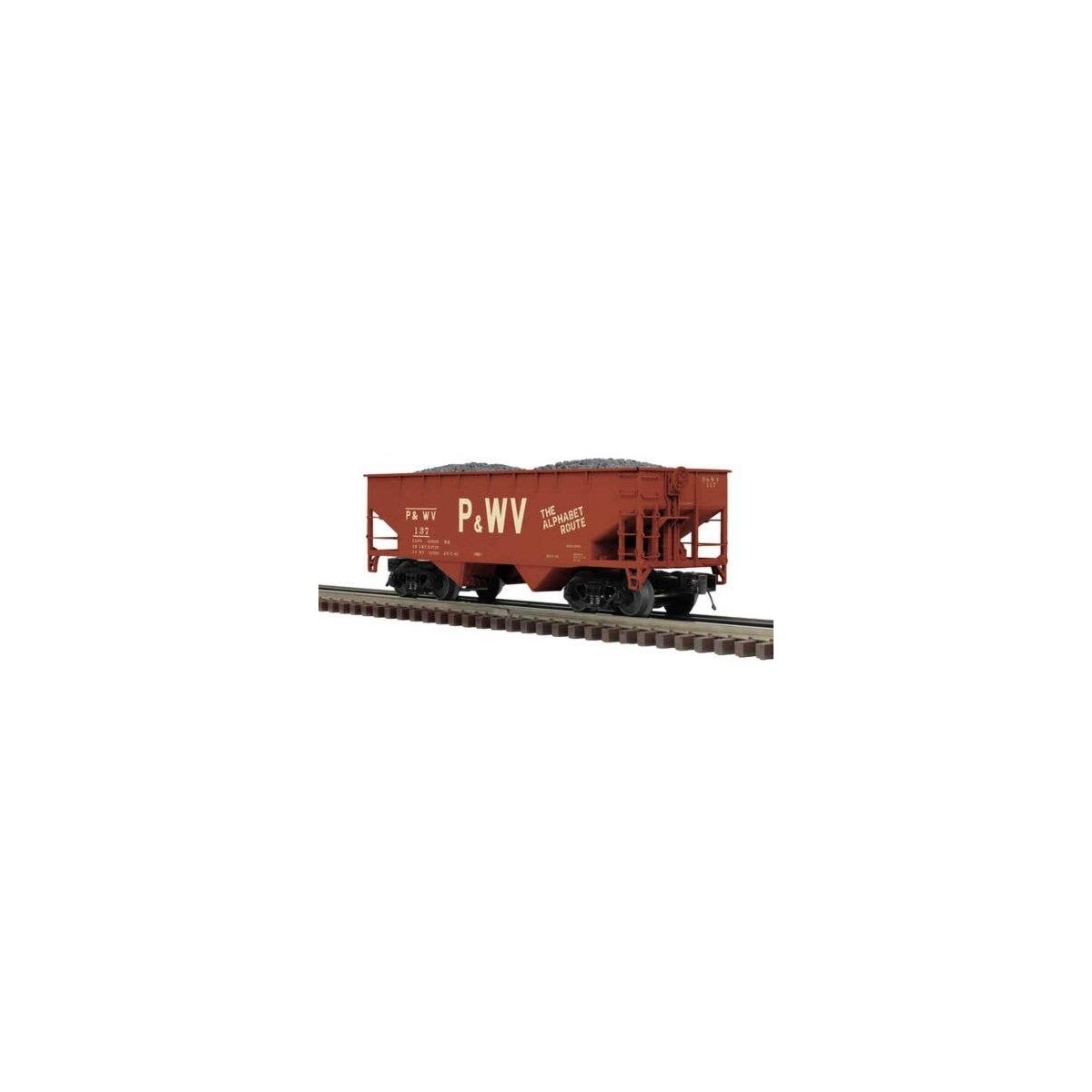 Offset-Side 2-Bay Hopper - 2-Rail - Ready to Run - Premier -- Pittsburgh & West Virgina (Boxcar Red, Large P&WV, Alphabet Route 