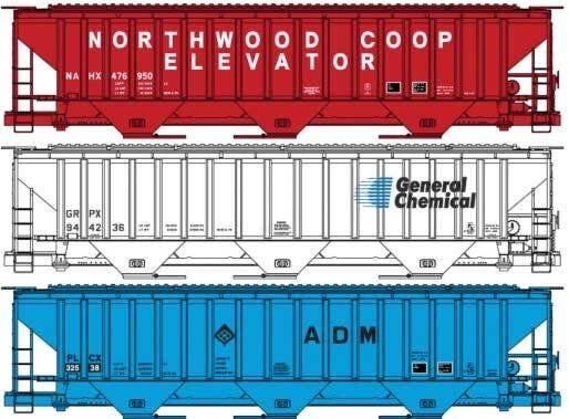 Pullman-Standard 4750 3-Bay Covered Hopper 3-Pack - Kit -- 1 Each: Northwood Coop (red), General Chemical (white), ADM (blue), H