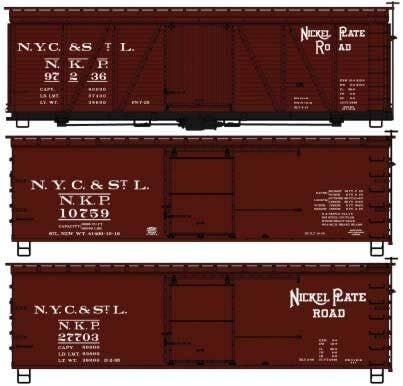 40′ Wood Boxcar 3-Pack - Kit -- Nickel Plate 97236, 10759, 27703 (3 Schemes, Boxcar Red), HO, Accurail Inc 8140