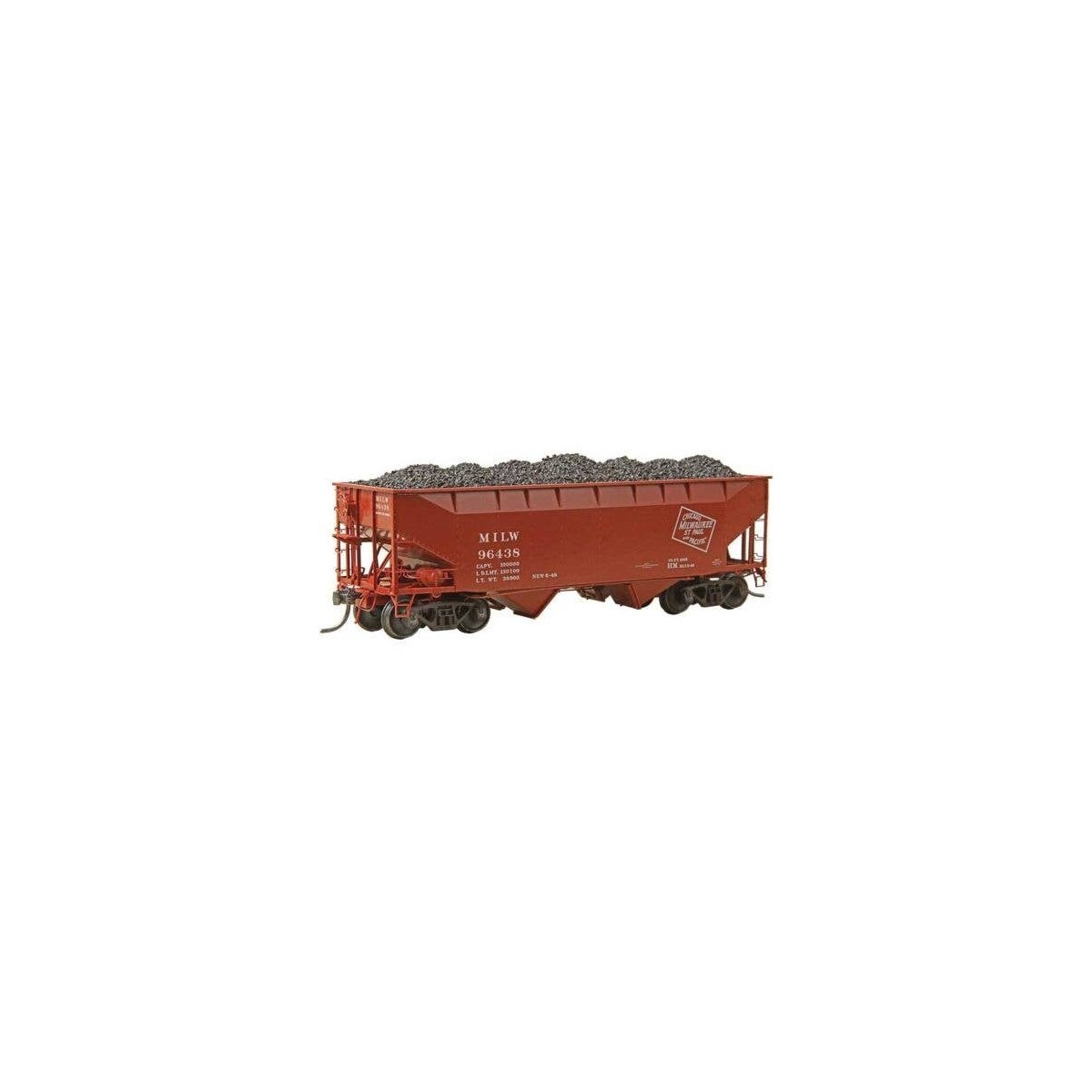 50-Ton AAR Standard Offset 2-Bay Open Hopper with Coal Load - Ready to Run -- Milwaukee Road 96438 (As-Delivered 1948, red oxide