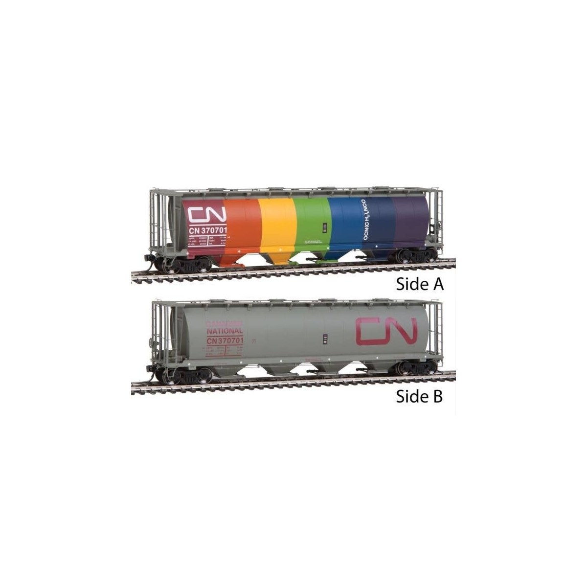 59′ 4-Bay Cylindrical Covered Hopper w/Round Hatches - Ready to Run -- Canadian National (1970 Rainbow Display Car), HO, Inter