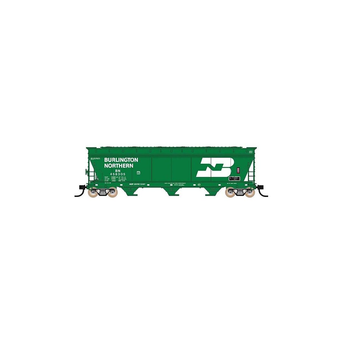 ACF 4650 Cubic Foot 3-Bay Covered Hopper - Ready to Run -- Burlington Northern (Early 1971, Large Stretched Logo, Cascade Green,