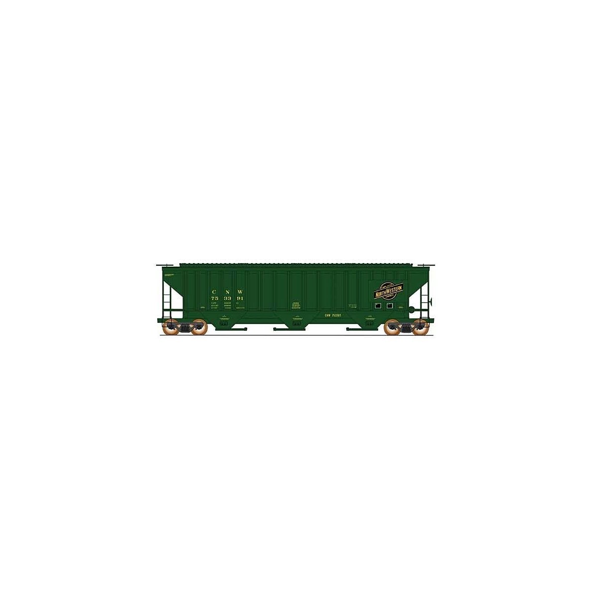 PS2CD 4750 Cubic Foot 3-Bay Covered Hopper - Ready to Run -- Chicago & North Western (green, black, Employee Owned Logo on Plate