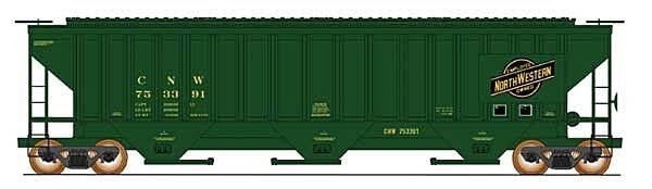 PS2CD 4750 Cubic Foot 3-Bay Covered Hopper - Ready to Run -- Chicago & North Western (green, black, Employee Owned Logo on Plate