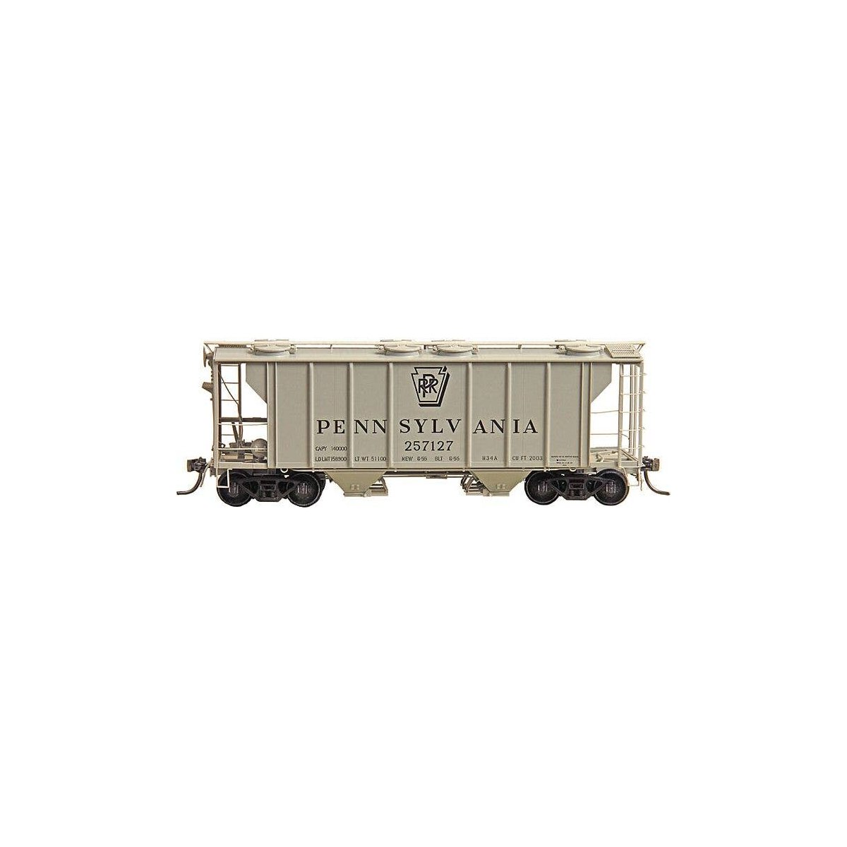 PS-2 2-Bay Covered Hopper - Ready to Run -- Pennsylvania Railroad 257127 (1955 Scheme, gray, Shadow Keystone), HO, Kadee Quality
