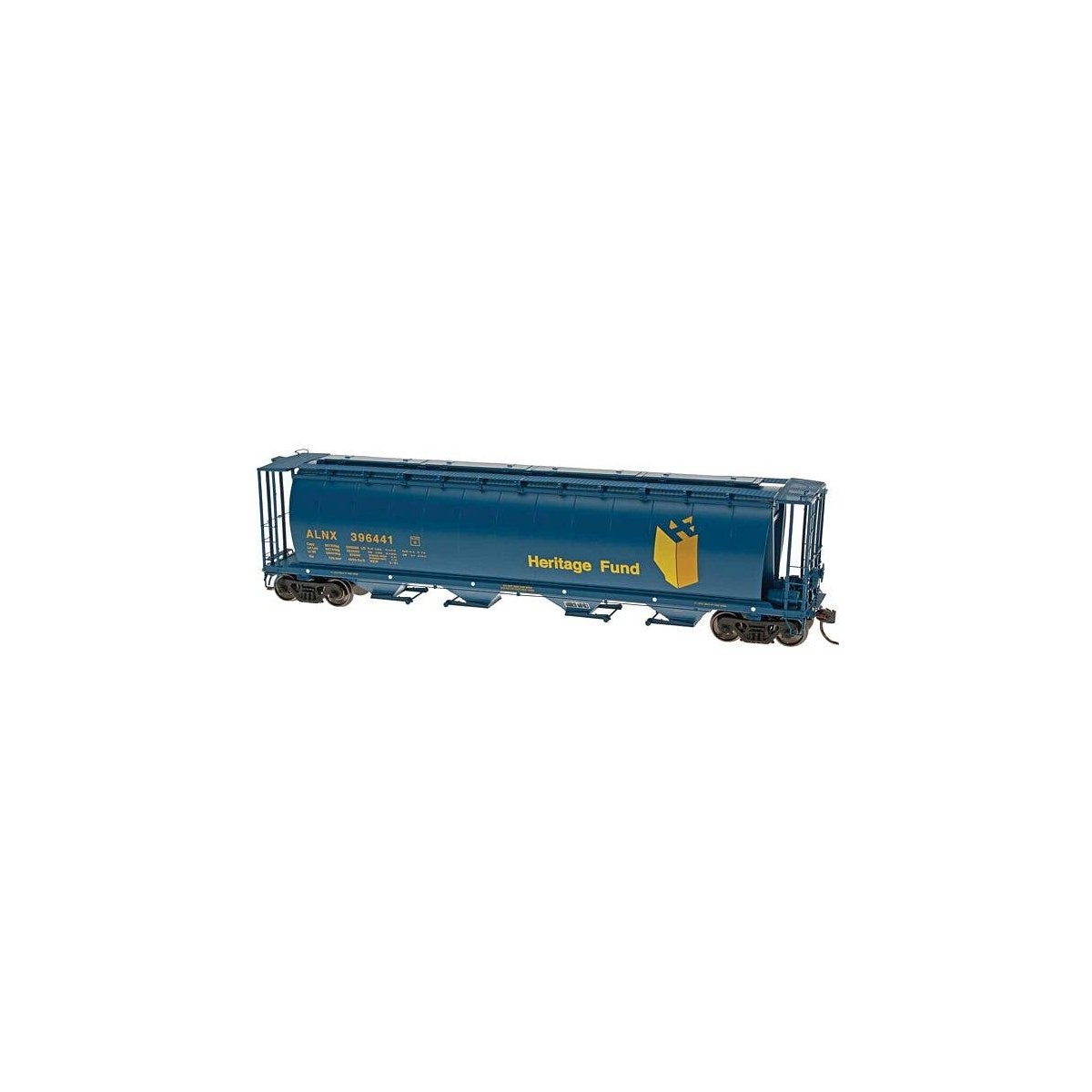 59′ 4-Bay Cylindrical Covered Hopper - Trough Hatch Version - Ready to Run -- ALNX Alberta Heritage Fund (blue w/gold Letterin