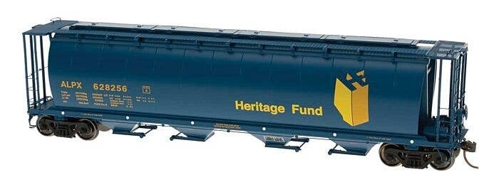59′ 4-Bay Cylindrical Covered Hopper - Trough Hatch Version - Ready to Run -- ALPX Alberta Heritage Fund (Blue w/gold Letterin