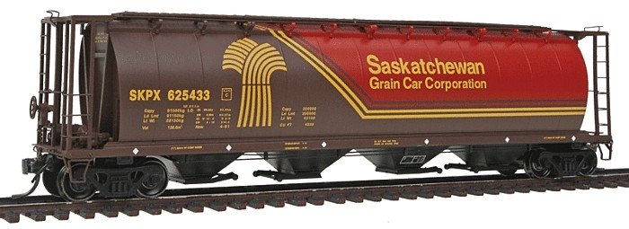 59′ 4-Bay Cylindrical Covered Hopper - Trough Hatch Version - Ready to Run -- Saskatchewan Grain Car Croperation SKPX (orange,