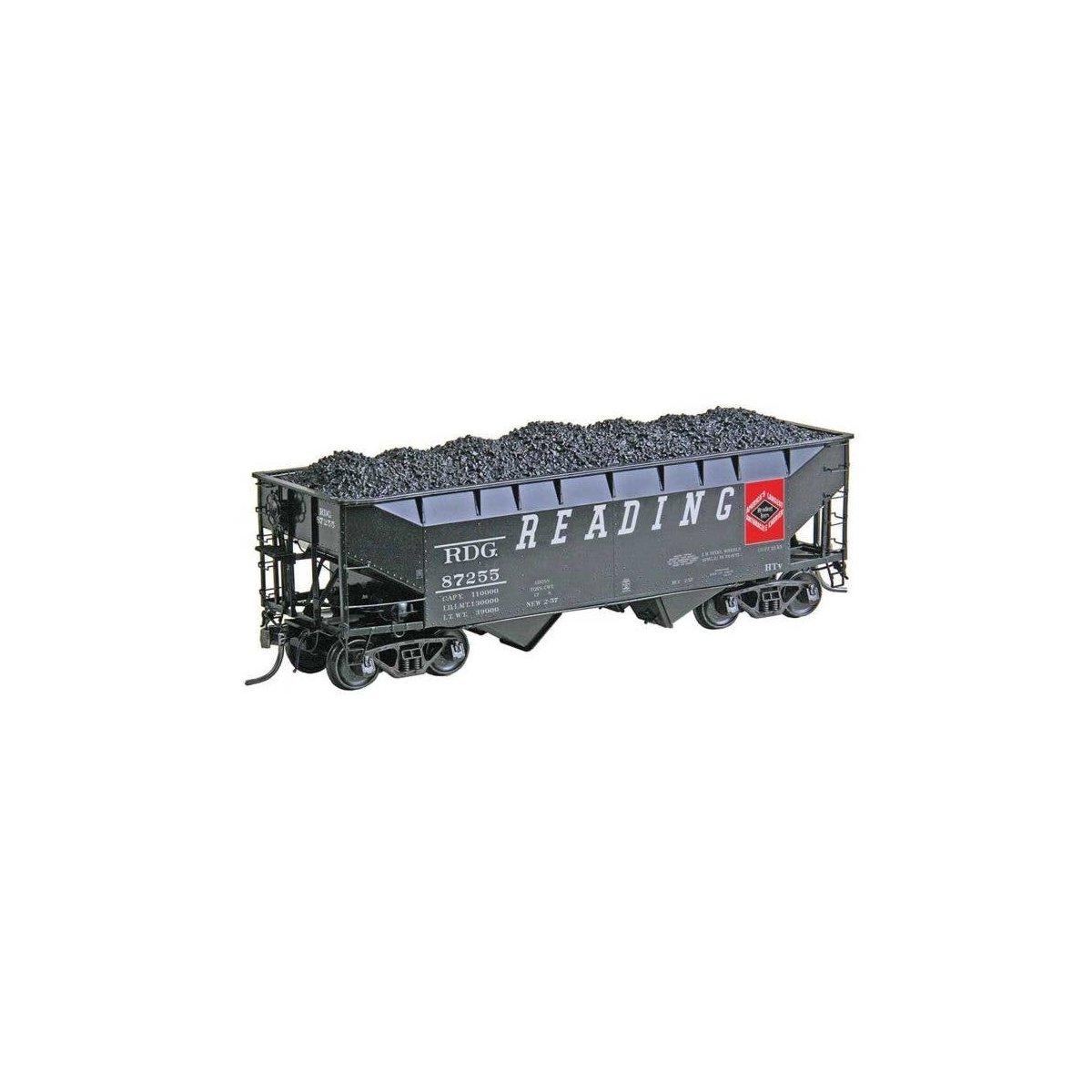 50-Ton AAR Standard Offset 2-Bay Open Hopper with Coal Load - Ready to Run -- Reading 87255 (As-Delivered 1957, black, red, Diam