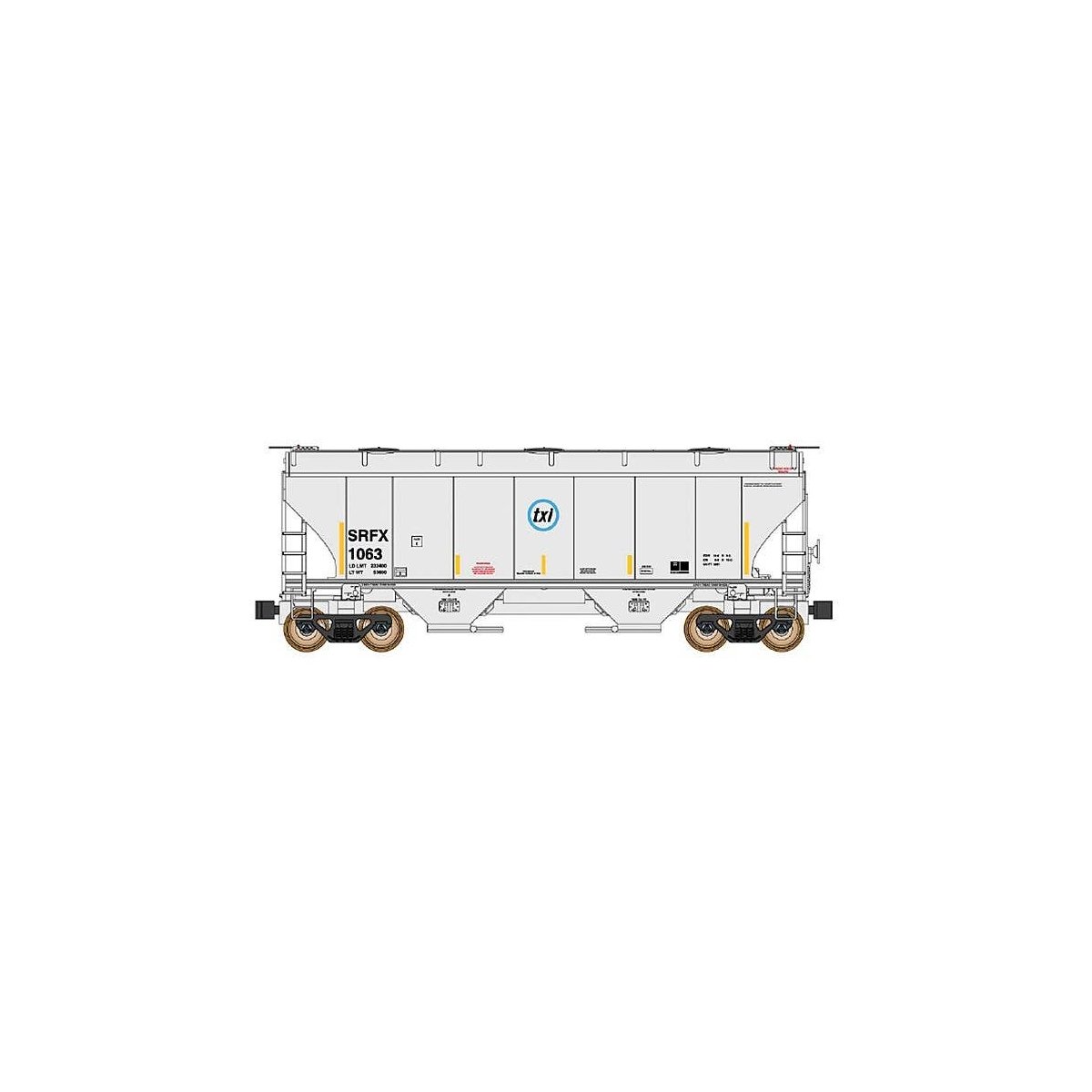 Trinity 3281 2-Bay Covered Hopper - Ready to Run -- Suntrust Leasing SRFX (gray, yellow Conspicuity Markings), N, Intermountain 