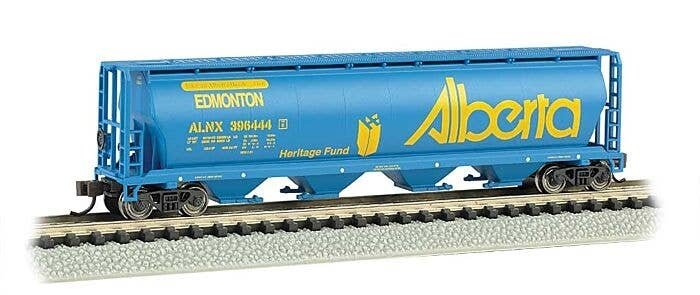 Canadian Cylindrical 4-Bay Grain Hopper - Ready to Run - Silver Series(R) -- Alberta Heritage Fund Edmonton (blue, yellow Billbo