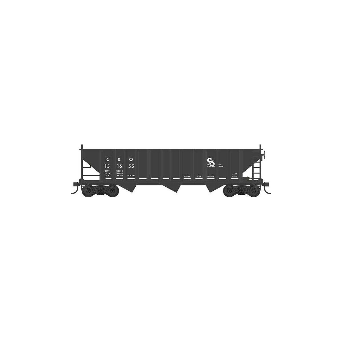 70-Ton 12-Panel 3-Bay Hopper - Ready to Run -- Chesapeake & Ohio 151633 (Built 1963, black, white, Progress Logo), HO, Bowser Ma