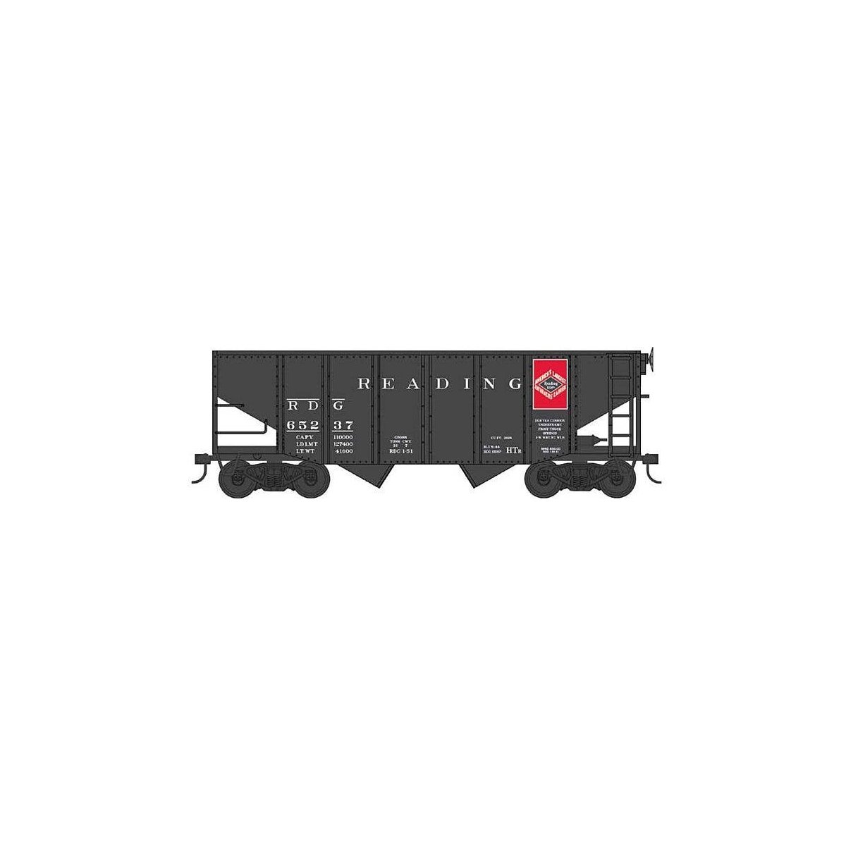 55-Ton Fishbelly Hopper - Ready to Run -- Reading Anthracite 65291 (Class HTr, black, red, Anthracite Logo), HO, Bowser Manufact