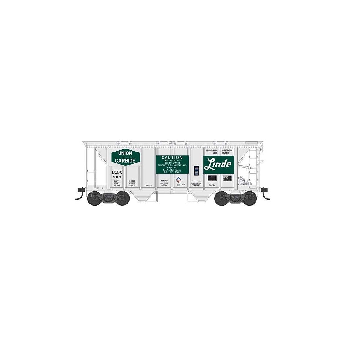 70-Ton 2-Bay Covered Hopper with Closed Sides - Ready to Run -- Union Carbide Linde 203 (gray, green, 2 Logo Panels), HO, Bowser