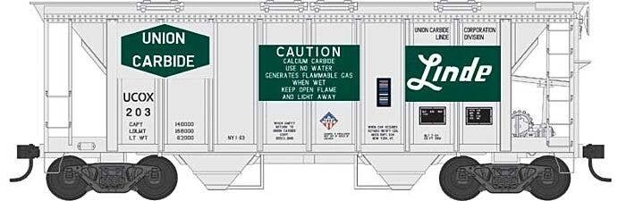 70-Ton 2-Bay Covered Hopper with Closed Sides - Ready to Run -- Union Carbide Linde 203 (gray, green, 2 Logo Panels), HO, Bowser