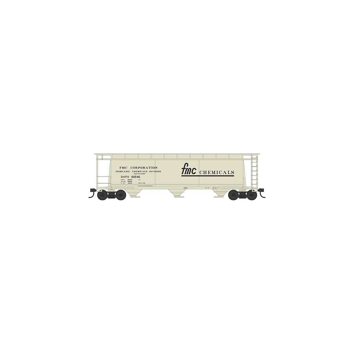 3-Bay Cylindrical Covered Hopper - Ready to Run - Executive Line -- FMC Chemicals 60546 (Blt. 7-62, beige, black, Large Logo), N