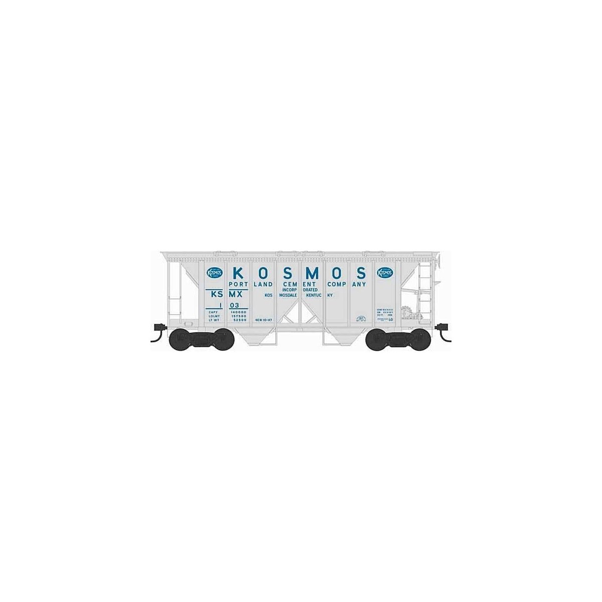 70-Ton 2-Bay Covered Hopper w/Open Sides - Ready to Run - Executive Line -- Kosmos Cement 108 (Blt. 10-47 Repack 10-47, gray, bl