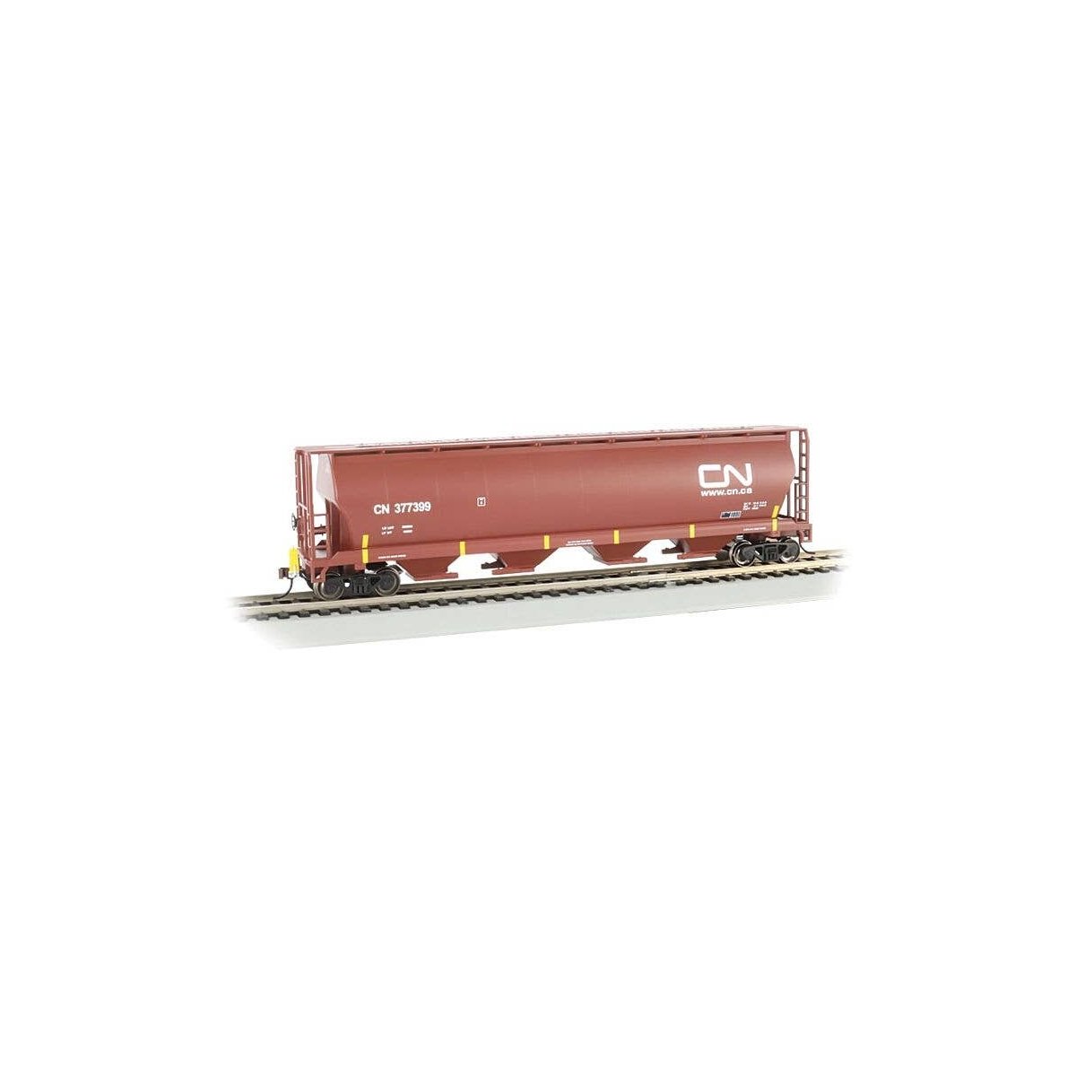 Canadian Cylindrical 4-Bay Grain Hopper with FRED - Ready to Run -- Canadian National 377399 (Boxcar Red, Yellow Conspicuity Mar