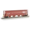 Canadian Cylindrical 4-Bay Grain Hopper with FRED - Ready to Run -- Canadian National 377399 (Boxcar Red, Yellow Conspicuity Mar