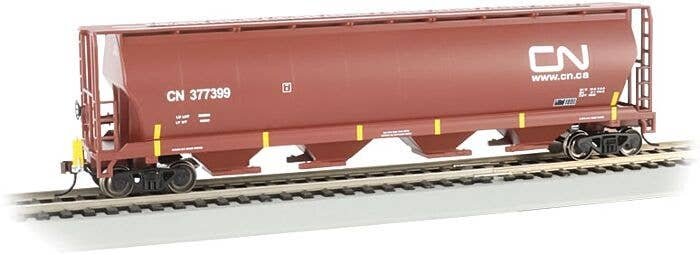 Canadian Cylindrical 4-Bay Grain Hopper with FRED - Ready to Run -- Canadian National 377399 (Boxcar Red, Yellow Conspicuity Mar