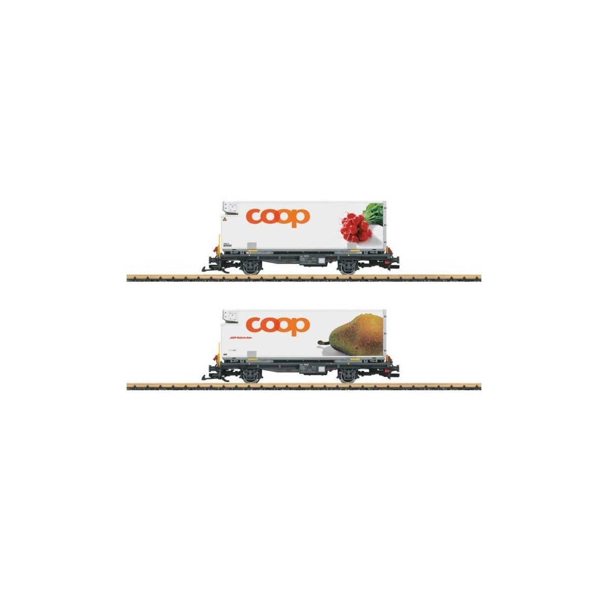 Container Car w/Reefer Container 2-Pack - Ready to Run -- Rhaetian Railroad RhB (Era VI, gray, white Coop Containers - Radish & 