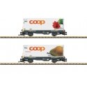 Container Car w/Reefer Container 2-Pack - Ready to Run -- Rhaetian Railroad RhB (Era VI, gray, white Coop Containers - Radish & 