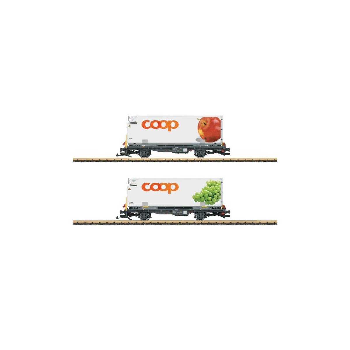 Container Car w/Reefer Container 2-Pack - Ready to Run -- Rhaetian Railroad RhB (Era VI, gray, white Coop Containers - Apple & G