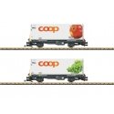 Container Car w/Reefer Container 2-Pack - Ready to Run -- Rhaetian Railroad RhB (Era VI, gray, white Coop Containers - Apple & G