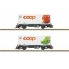 Container Car w/Reefer Container 2-Pack - Ready to Run -- Rhaetian Railroad RhB (Era VI, gray, white Coop Containers - Apple & G